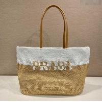 Well Crafted Prada Raffia Straw and Leather Tote Bag 1BG442 Tan Brown/White 2023