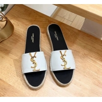 Popular Style Saint Laurent YSL Espadrilles Flat Slide Sandals in Patent Leather White 125063