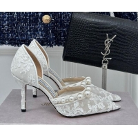 Classic Hot Jimmy Choo Aurelie Lace Pumps 8.5cm with Pearls Strap White 227109