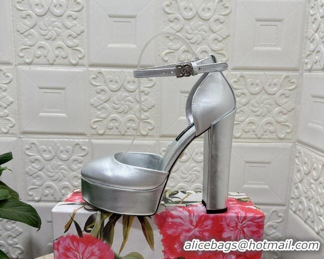 Hot Style Dolce & Gabbana DG Strap Platform Pumps 15cm in Metallic Leather Silver 0126036