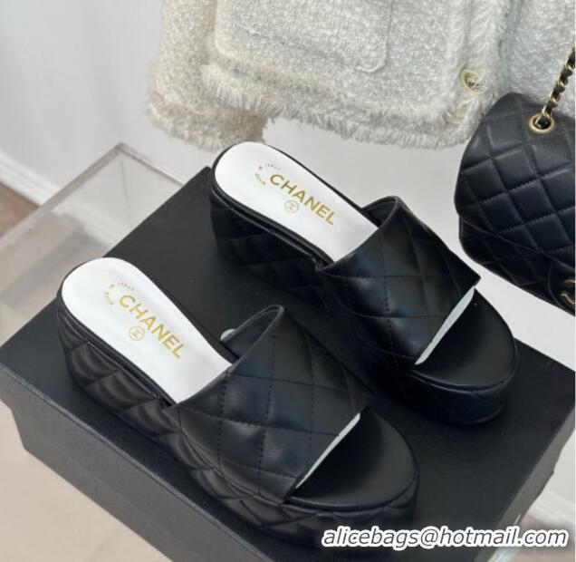 Elegant Chanel Quilted Lambskin Wedge Platform Slide Sandals 6.5cm Black 0224031