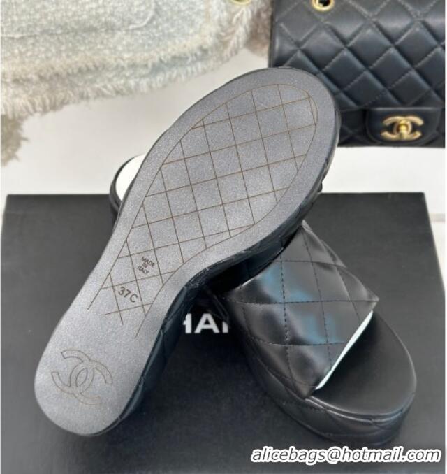 Elegant Chanel Quilted Lambskin Wedge Platform Slide Sandals 6.5cm Black 0224031