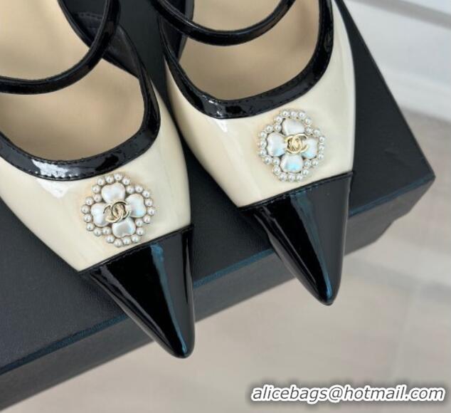 Good Looking Chanel Calfskin Heel Slide Sandals 3.5cm with Pearl Clover Beige 0224048
