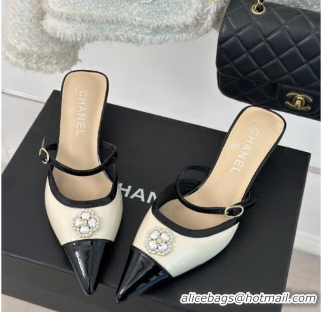 Good Looking Chanel Calfskin Heel Slide Sandals 3.5cm with Pearl Clover Beige 0224048