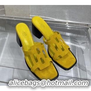 Perfect Hermes Izzy Heel Slide Sandals 6cm in Suede Yellow 0226113