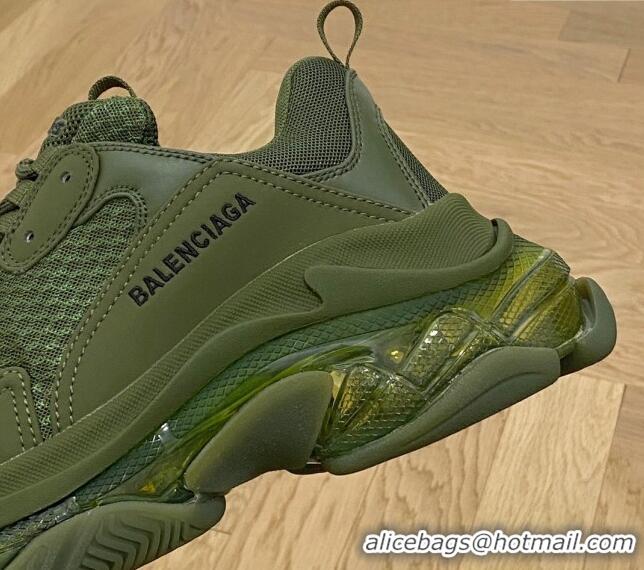 Perfect Balenciaga Triple S Clear Sole Trainers Sneakers in Leather and Mesh Army Green 0223010