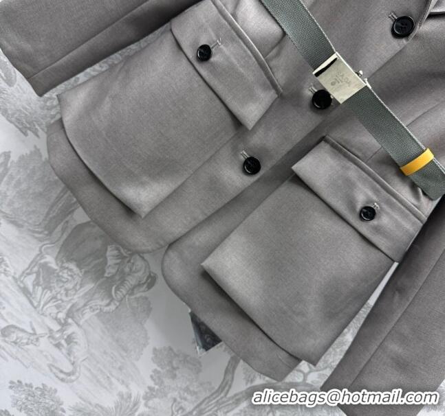 Shop Duplicate Prada Jacket with Belt P031307 Grey 2024