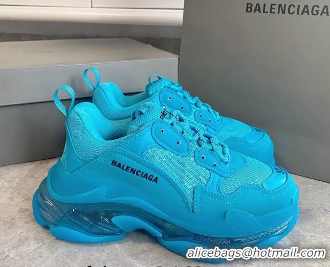 Perfect Balenciaga Triple S Clear Sole Trainers Sneakers in Leather and Mesh Blue 223026