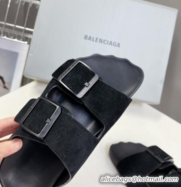 Best Product Balenciaga Sunday Flat Slide Sandals in Suede Black 0321130