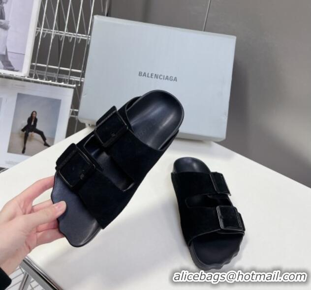 Best Product Balenciaga Sunday Flat Slide Sandals in Suede Black 0321130