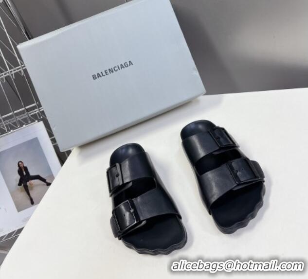 Unique Style Balenciaga Sunday Flat Slide Sandals in Calf Leather Black 321134