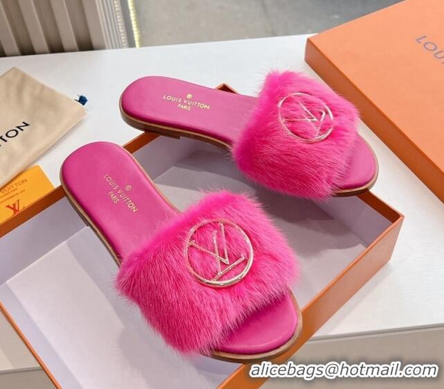 Classic Hot Louis Vuitton LV Mink Fur Flat Slide Sandals Dark Pink 0320074