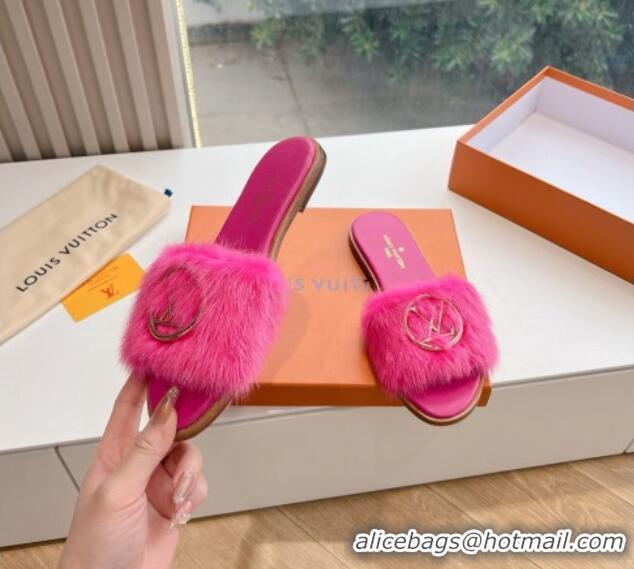 Classic Hot Louis Vuitton LV Mink Fur Flat Slide Sandals Dark Pink 0320074