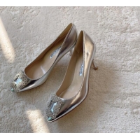 Top Design Manolo Blahnik Classic Pumps 7cm in Metallic Leather with Crystal Buckle Silver 228025
