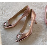 Good Quality Manolo Blahnik Classic Pumps 7cm in Metallic Leather with Crystal Buckle Pink 0228026