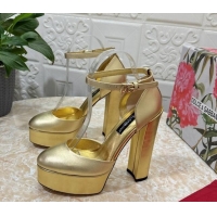Sophisticated Dolce & Gabbana DG Strap Platform Pumps 15cm in Metallic Leather Gold 0126037