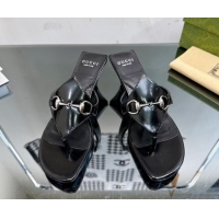 Low Cost Gucci Horsebit Heel Thong Slide Sandals 4.5cm in Shiny Leather Black 127052