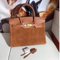 Top Quality Hermes Birkin 25cm Calf Leather and Suede Leather HB25 Brown Gold (Pure Handmade)