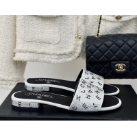 Luxury Cheap Chanel Crystals Flat Slide Sandals with Letterings White 0223107