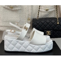 Sophisticated Chanel Lambskin Wedge Platform Sandals 6.5cm with Bloom CC White 0224035