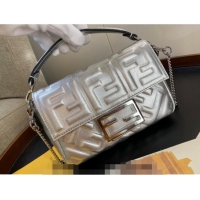 Best Quality Fendi Baguette Mini Bag in FF Metallic Leather F1228 Silver 2023