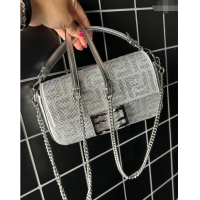 Best Price Fendi Baguette Mini Bucket Bag in leather with crystal FF motif F8072 Silver 2024