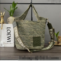 Free Shipping Loewe Mini Slit Tote bag in striped raffia straw and calfskin 101131 Green 2023