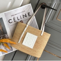 New Fashion Loewe Small Square Basket Bag in Raffia Straw and Calfskin 10112 White 2023