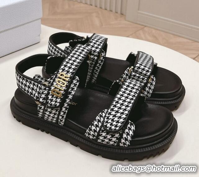 Perfect Dior Dioract Flat Strap Sandal in Black and White Houndstooth Embroidery 226059