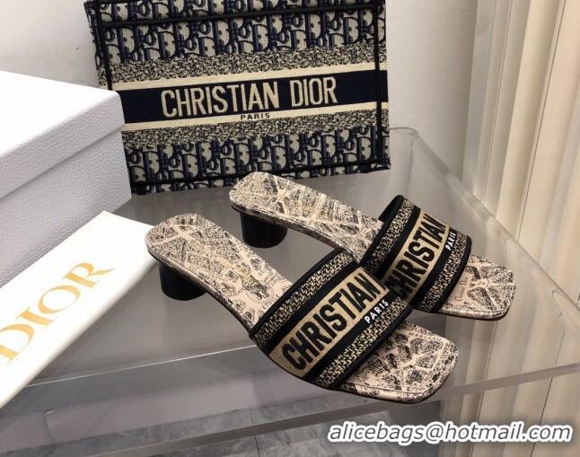 Top Design Dior Dway Heel Slide Sandals 3.5cm in Beige and Black Cotton Embroidered with Plan de Paris Motif 326011