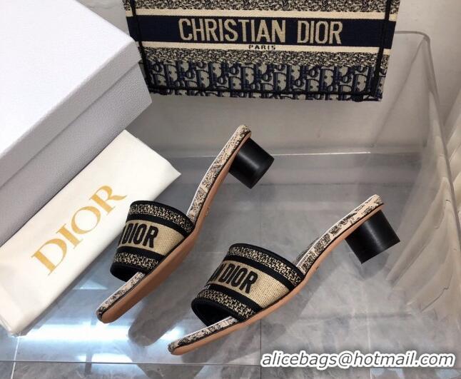 Top Design Dior Dway Heel Slide Sandals 3.5cm in Beige and Black Cotton Embroidered with Plan de Paris Motif 326011