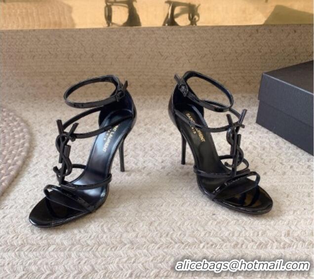 Sumptuous Saint Laurent Cassandra Calfskin Sandals 10cm in Patent Calfskin All Black 328042