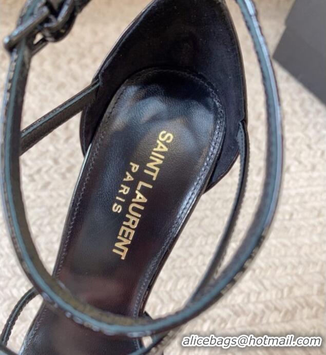 Sumptuous Saint Laurent Cassandra Calfskin Sandals 10cm in Patent Calfskin All Black 328042