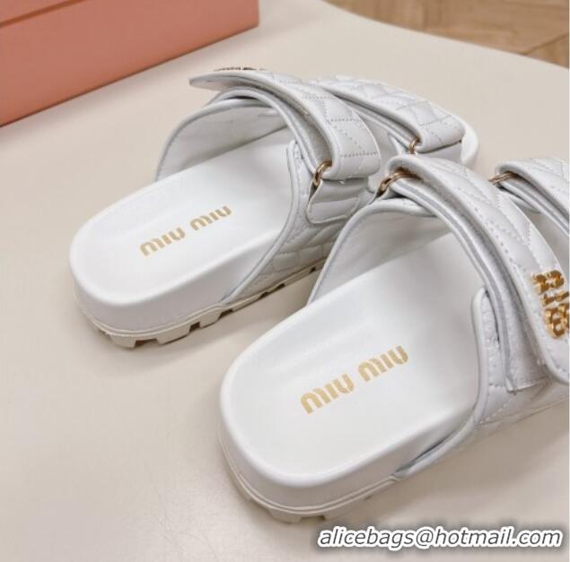 Grade Quality Miu Miu Nappa Leather Strap Flat Slide Sandals White 327065