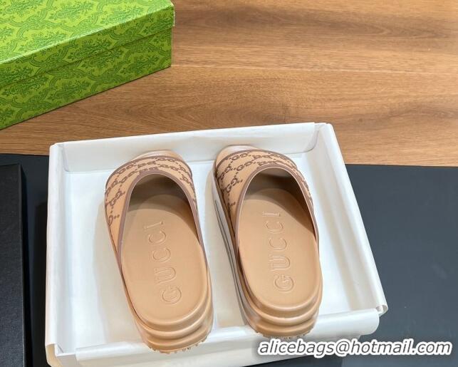 Shop Duplicate Gucci Rubber Platform Slide Sandals with Interlocking G Light Brown 319008