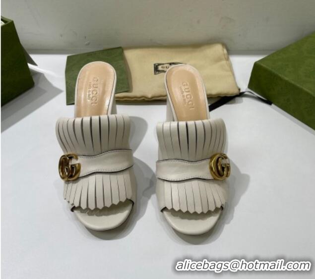 Duplicate Gucci Leather Fringe Heel Slide Sandals 7cm White 319029