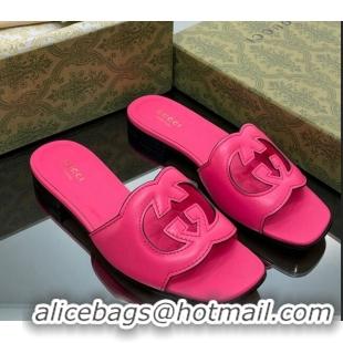 Classic Hot Gucci Leather Flat Slide Sandals with Interlocking G Cut-out Pink 319065