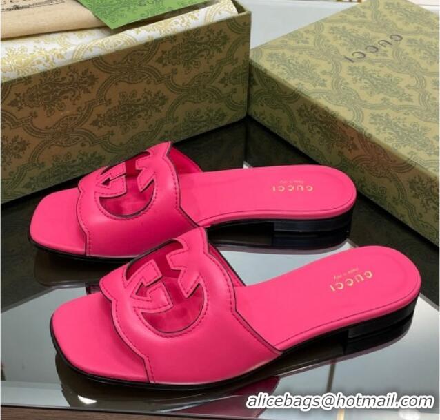 Classic Hot Gucci Leather Flat Slide Sandals with Interlocking G Cut-out Pink 319065