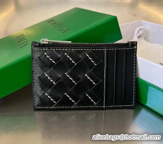 Good Product Bottega Veneta Intrecciato Leather Zipped Card Case with All-over Stitching 755985 Black 2024