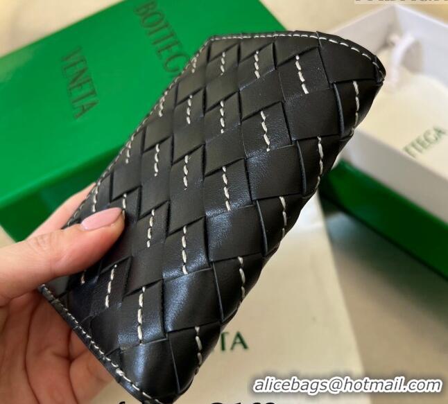 Famous Brand Bottega Veneta Intrecciato Leather Flap Wallet with All-over Stitching 742143 Black 2024