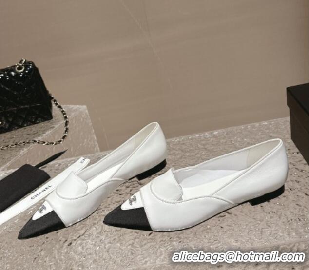Best Grade Chanel Lambskin & Grosgrain Pointed Ballet Flat White 0322129