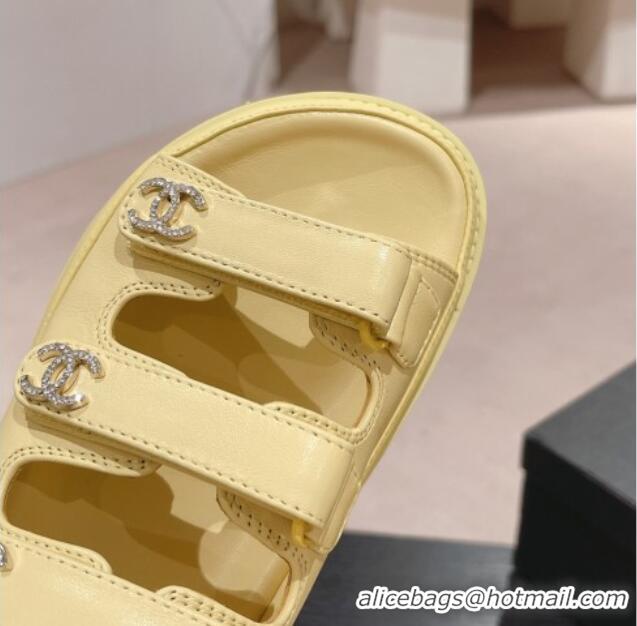 Big Discount Chanel Lambskin Flat Slide Sandals with Triple Straps and Crystals CC Yellow 423034