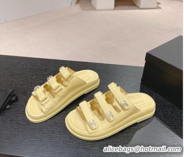 Big Discount Chanel Lambskin Flat Slide Sandals with Triple Straps and Crystals CC Yellow 423034