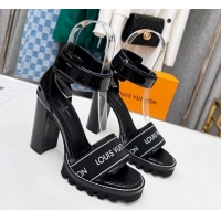 Low Price Louis Vuitton Patent Leather Heel Sandals 9cm with Logo Strap Black 0321024