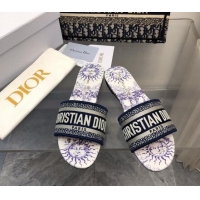 Shop Duplicate Dior Dway Flat Slide Sandals in Embroidered Cotton and White and Blue Toile de Jouy Soleil Motif 326021