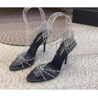 Good Quality Saint Laurent Black High Heel Sandals 10cm with Crystals Chain Strap and Tassel 328053