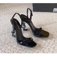 Sophisticated Saint Laurent Opyum Patent Calfskin Sandals 10.5cm with YSL Heel All Black 328046