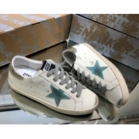 Classic Hot Golden Goose GGDB Super-Star Sneakers in White Calfskin and Light Green Star 328123