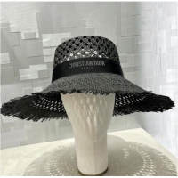 Top Grade Dior Naughtily-D Small Brim Hat 14923 Black Straw and Embroidered Band