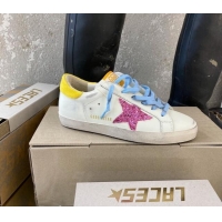 Most Popular Golden Goose GGDB Super-Star Sneakers in Calfskin White/Yellow/Blue 328137